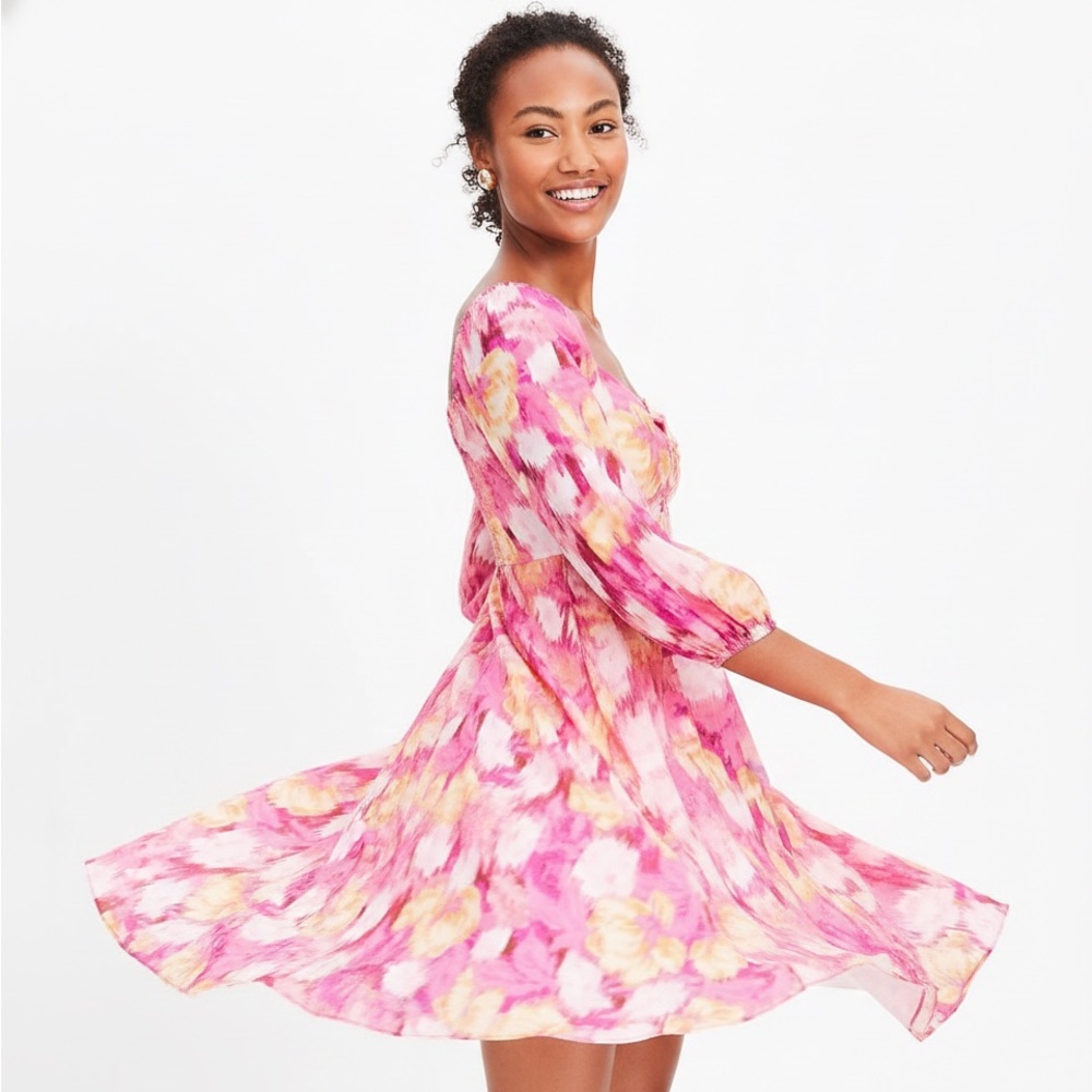 LOFT NWT Pink Floral Ikat Knotted Puff Sleeve Swing Dress Magenta Sunset Large - Picture 3 of 9